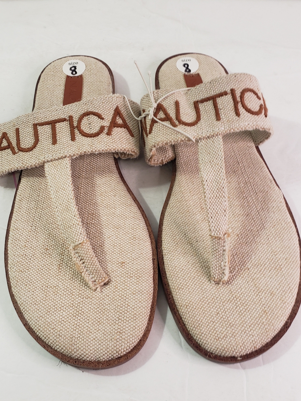 Nautica Women's Beige Canvas Flip Flops Sandals with Brown Logo, Sz: 8